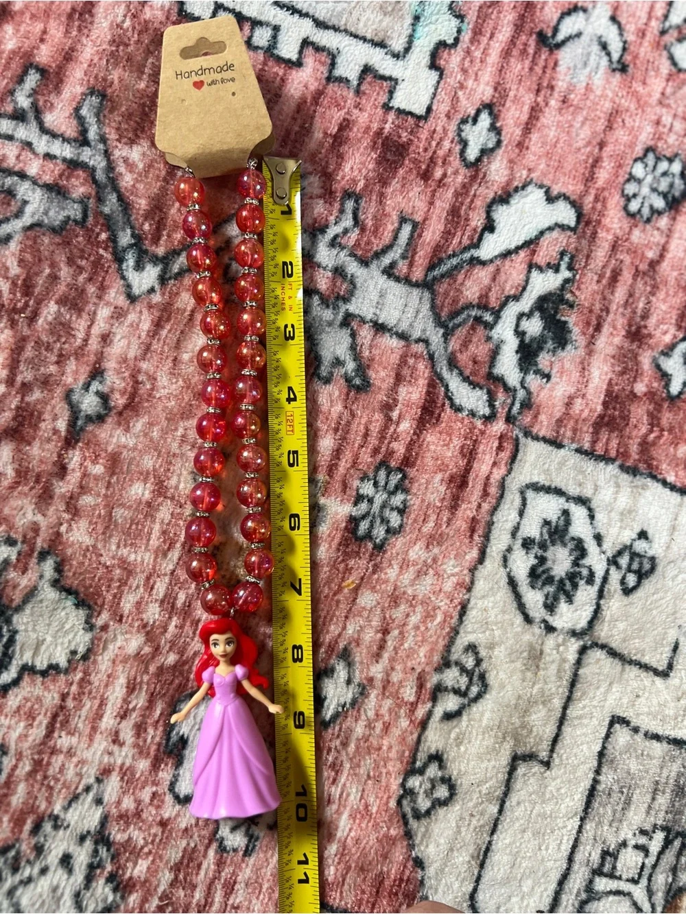 Handmade Kids Princess Beaded Necklace - Pink Pendant with Red Beads